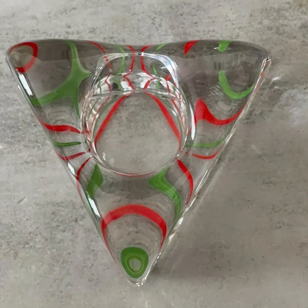 Kosta Boda VTG Piece of Cake Red Green Stripe Triangle Candleholder Signed